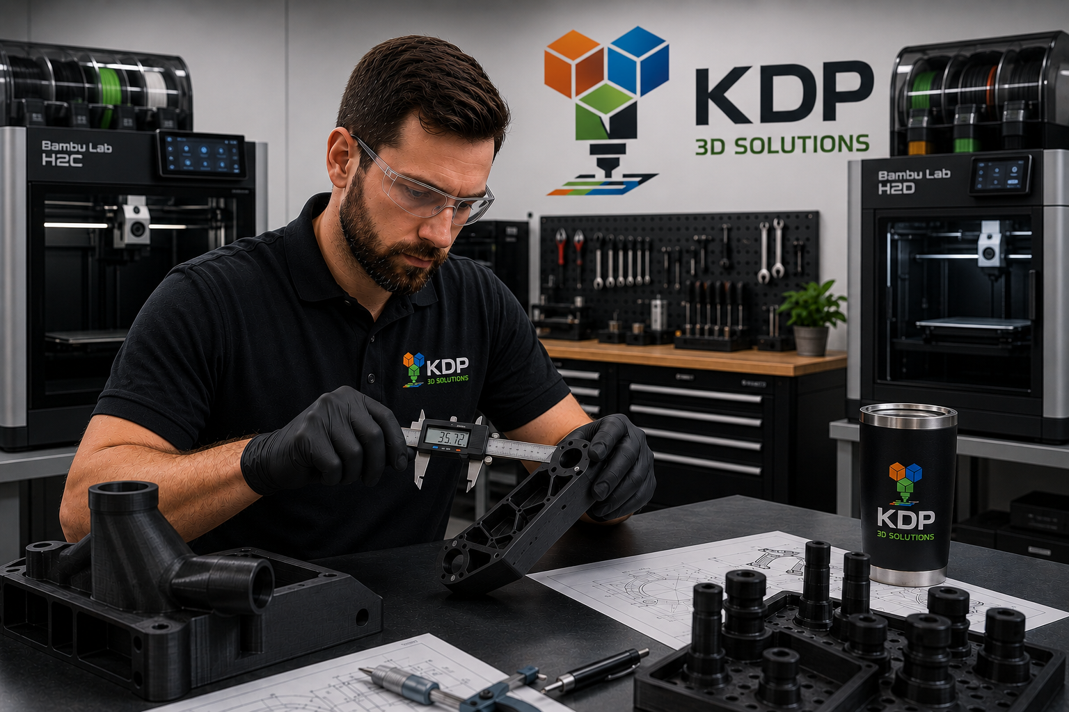KDP 3D Solutions engineer inspecting a printed part with calipers